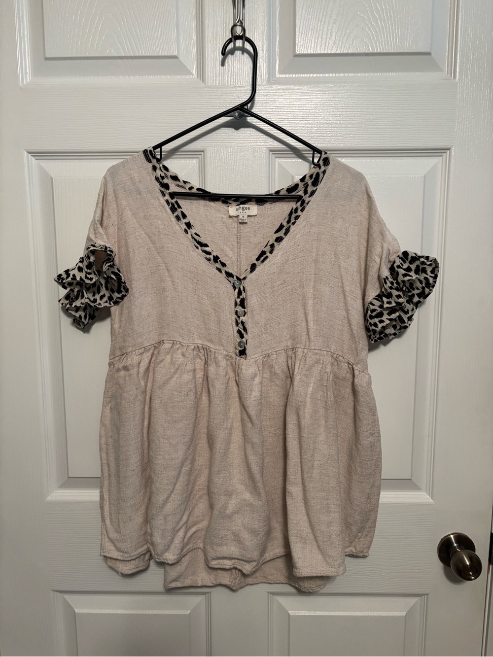 Umgee Beige Babydoll Top with Leopard-Trim Accents PTP 22”